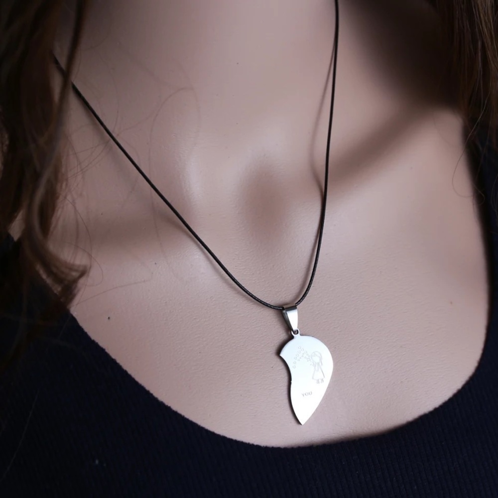 Couple Broken Heart Necklace Black Silver Color Boys Girls Choker - Picture 6 of 6